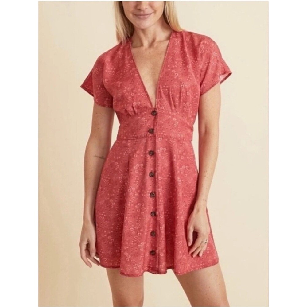 Marine Layer Camila Mini Button Front Dress Womens Large Red Ditsy Floral Tencel